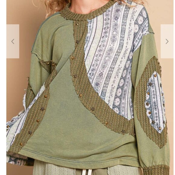 156. Long Sleeve Regular fit top in french terry with knit patch stud point - Picture 2 of 5